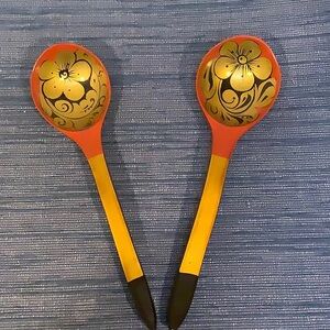 Vintage Russian Kholkla Hand Painted Wood Spoons